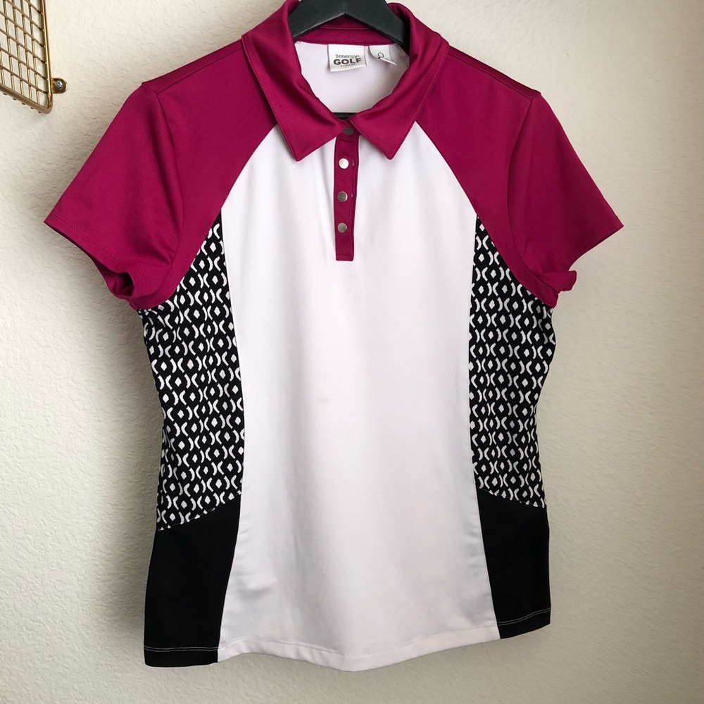 Zenergy Golf by Chico’s Print Blocked 4 Snap Button Down Polo Shirt Sz Small (0)